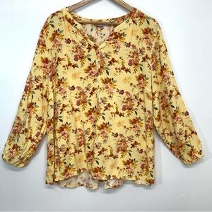 D & Co Top Woman 3X Yellow Floral  Pop Over Lightweight 3/4 Sleeve‎ Casual Work